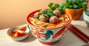 A vibrant bowl of bun moc with fresh herbs, scallions, and a side of pickled chili, showcasing Vietnamese cuisine.