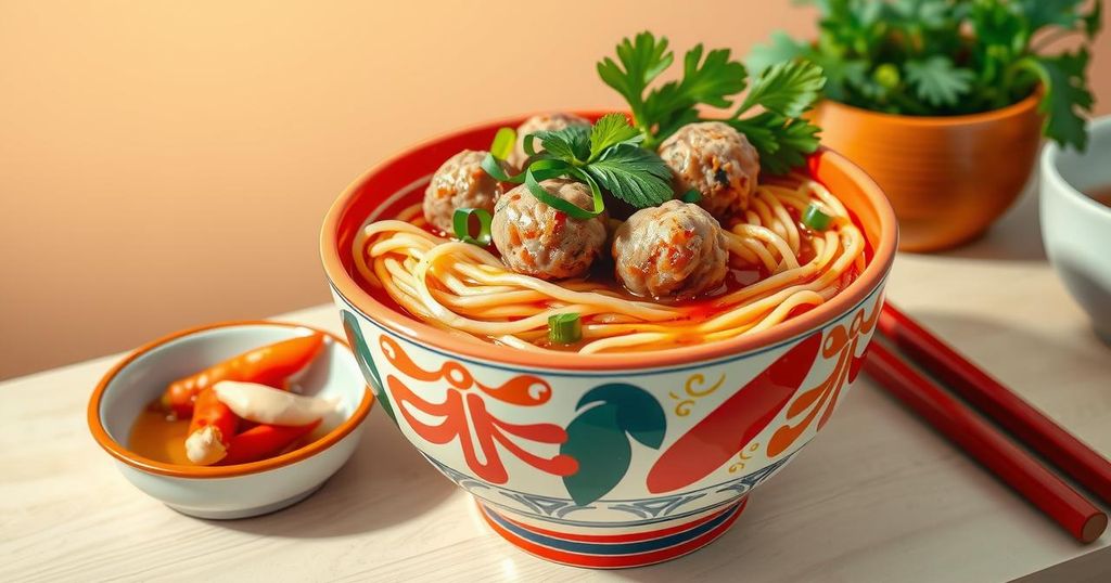 A vibrant bowl of bun moc with fresh herbs, scallions, and a side of pickled chili, showcasing Vietnamese cuisine.