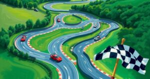 A vibrant road course with a checkered flag, racing cars in motion, and a lush green track under a blue sky.