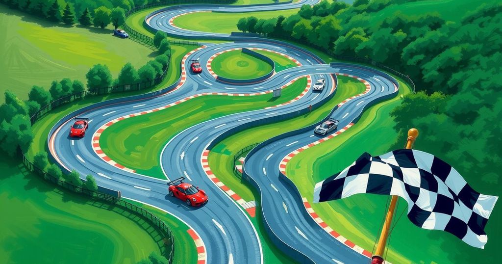 A vibrant road course with a checkered flag, racing cars in motion, and a lush green track under a blue sky.