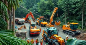 Construction site with military machinery in a forested area, showcasing teamwork and cooperation.