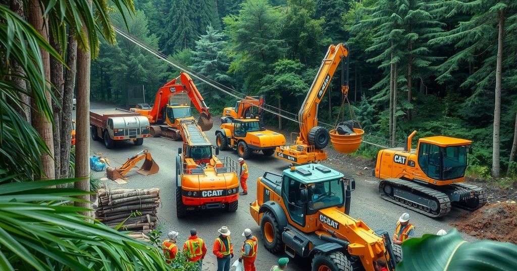 Construction site with military machinery in a forested area, showcasing teamwork and cooperation.