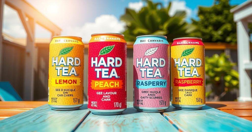Colorful cans of Hard Iced Tea in Lemon, Peach, and Raspberry flavors with a summer backdrop.