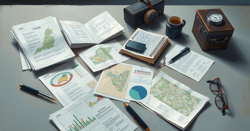 Strategic documents and maps scattered on a table, symbolizing intelligence operations, in a muted color palette.
