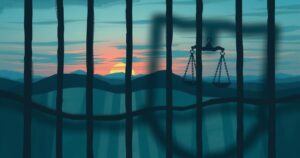 Abstract representation of justice and security with prison bars and a serene landscape in harmonious colors.