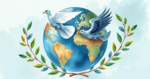 A symbolic representation of diplomacy, featuring a globe, a peace dove, and olive branches in soft colors.