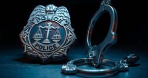 A police badge surrounded by handcuffs and a dark background showing law enforcement themes.