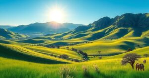 Vibrant landscape of hills and grasslands in South Africa under a clear blue sky.