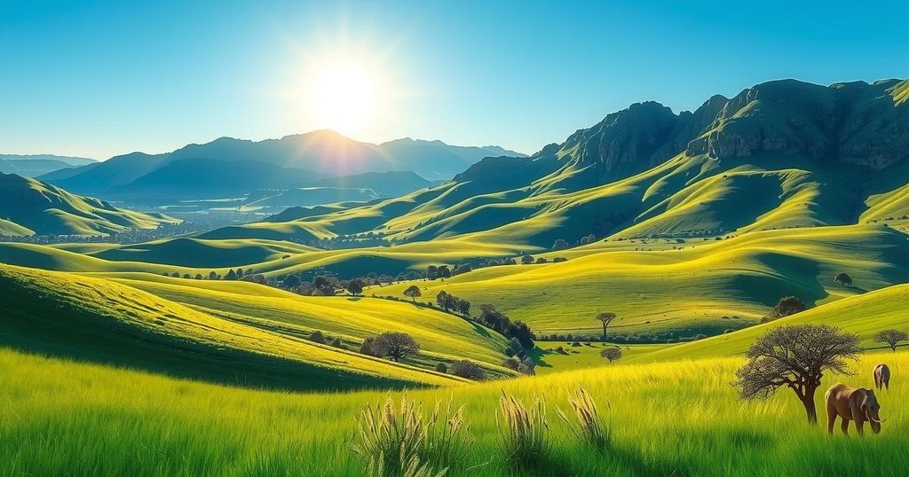Vibrant landscape of hills and grasslands in South Africa under a clear blue sky.