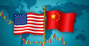 Two interconnected flags symbolizing US-China relations with a backdrop of a trading graph in a modern style.