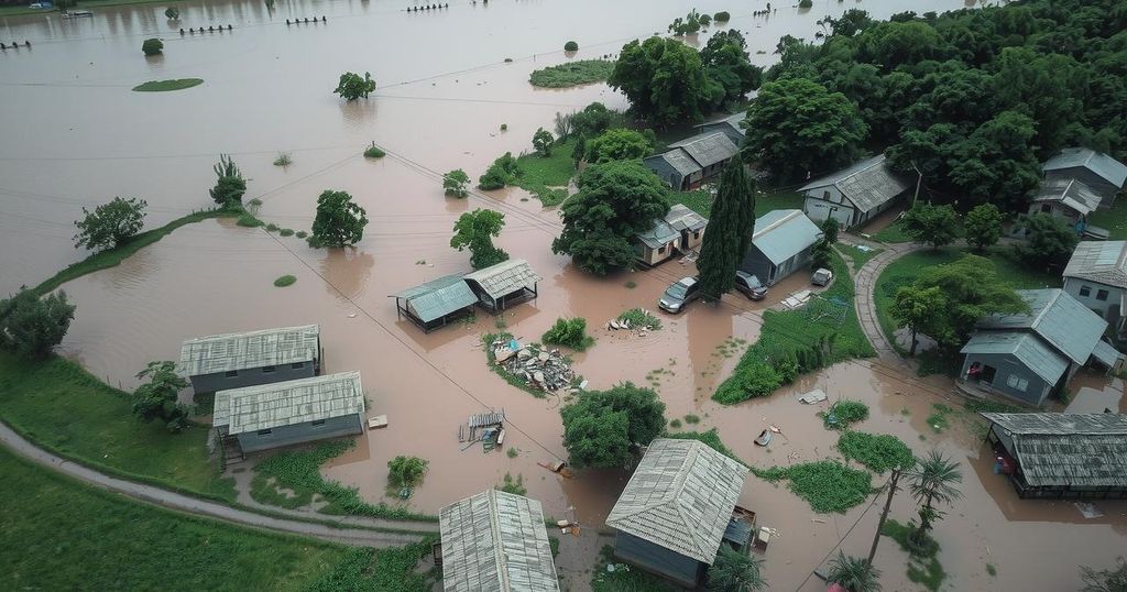 Rescue teams searching flooded. Aerial view of a flooded area with debris. Green vegetation and cloudy sky.