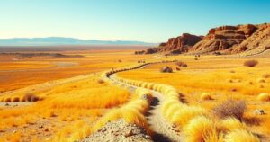 Sweltering Moroccan landscape under a clear blue sky, showcasing dry grasslands and distant mountains in warm tones.