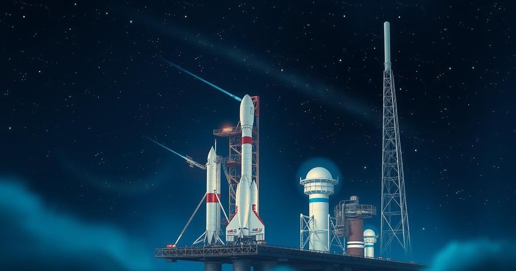 A Falcon 9 rocket poised for launch against a starry night sky, representing a space mission to the International Space Station.