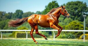 A proud chestnut horse racing on a track, surrounded by a green landscape and vibrant blue sky.