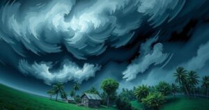 Storm damage in Madagascar with strong winds and heavy rain clouds looming over trees and infrastructure.