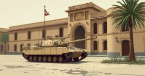 A tank near a museum represents U.S. military interventions and complex geopolitical history in the Middle East.
