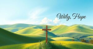 A serene highland landscape with a cross in the foreground symbolizing peace, hope, and new beginnings in Kenya.