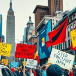 A dramatic scene of a city protest with banners and signs, vibrant colors in an expressionist style.