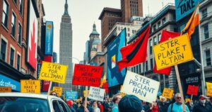 A dramatic scene of a city protest with banners and signs, vibrant colors in an expressionist style.