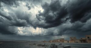 A powerful landscape depicting a turbulent sky over a war-torn area with dark and gray tones, symbolizing conflict.