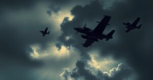 Illustration of military operations with aircraft silhouettes and dark clouds, showcasing conflict themes in muted colors.
