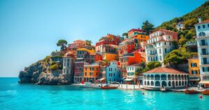 A serene view of Capri, Italy, featuring colorful buildings by the coast and bright blue skies.