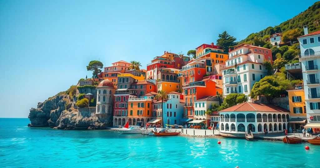 A serene view of Capri, Italy, featuring colorful buildings by the coast and bright blue skies.