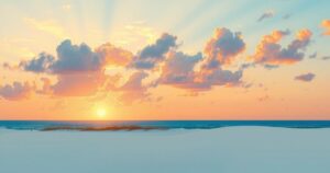 Partly cloudy sky over Pensacola Beach with vibrant sunset hues and soft sand, creating a peaceful beach atmosphere.