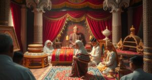 Traditional funeral rites symbolizing respect and honor for a revered ruler with ceremonial decorations and gold accents.
