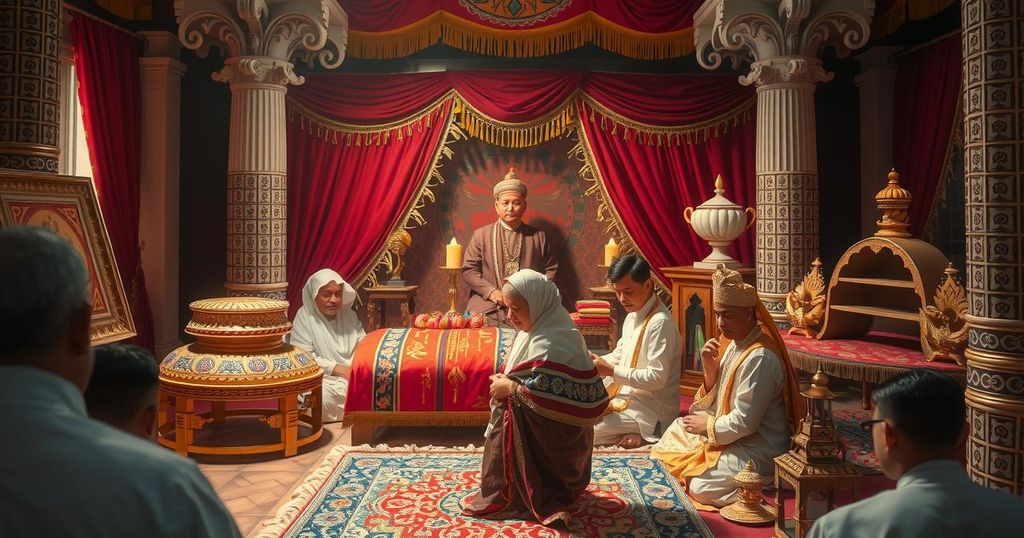 Traditional funeral rites symbolizing respect and honor for a revered ruler with ceremonial decorations and gold accents.