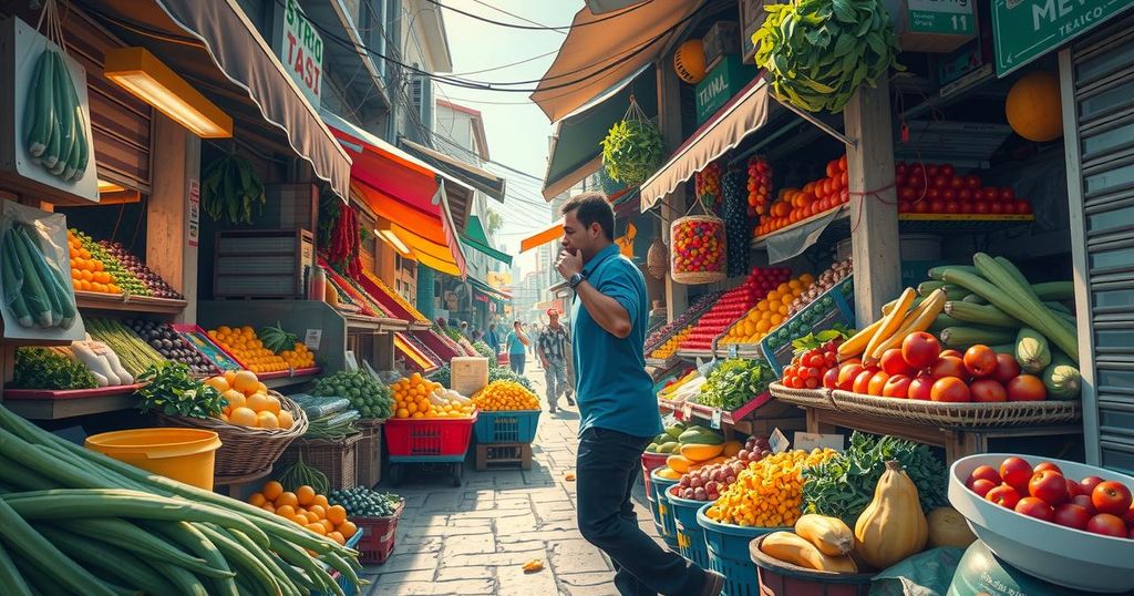 A bustling street market with vendors and colorful goods being disrupted by invisible authority.