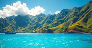 A scenic view of Samoa's landscape, highlighting lush greenery and ocean waves, symbolizing political change.