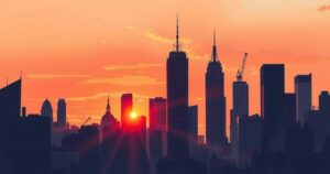 A digital illustration of a city skyline with a sunset, symbolizing political change and community spirit.