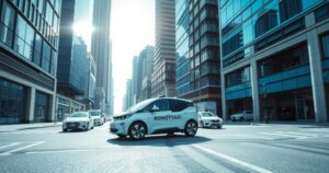A futuristic robotaxi driving through a cityscape with modern buildings, showcasing technology and innovation.