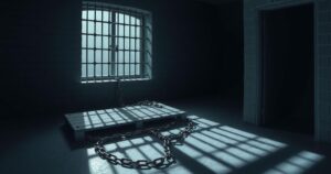 A dimly lit prison cell showing a barred window, emphasizing the feeling of fear and isolation.
