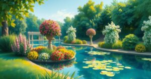 A serene park landscape with green grass, vibrant flowers, and a tranquil pond under a blue sky.