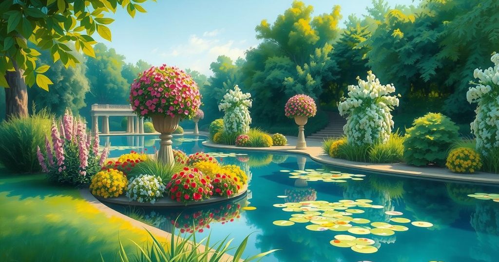 A serene park landscape with green grass, vibrant flowers, and a tranquil pond under a blue sky.