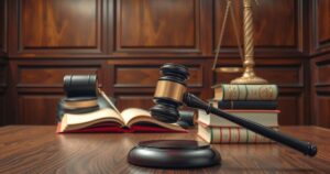 A courtroom scene featuring a judge's gavel and legal books, symbolizing justice and law enforcement themes.