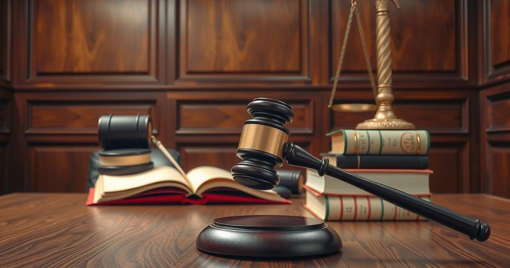 A courtroom scene featuring a judge's gavel and legal books, symbolizing justice and law enforcement themes.