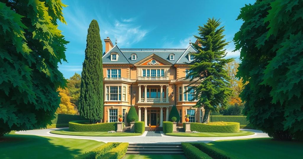 An elegant luxury home in London, symbolizing wealth, with lush green surroundings, showcasing stately architecture under a clear blue sky.