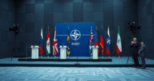 A NATO summit scene with flags, podiums, and media equipment, representing political discussions on military actions.