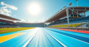 A scenic view of a vibrant outdoor racetrack with colorful banners and a clear blue sky.