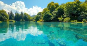 A serene landscape of a tranquil water scene surrounded by lush greenery under a clear blue sky.
