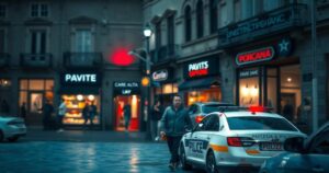 Mandeville plaza with blurred storefronts and a police car in the foreground, depicting a tense scene.