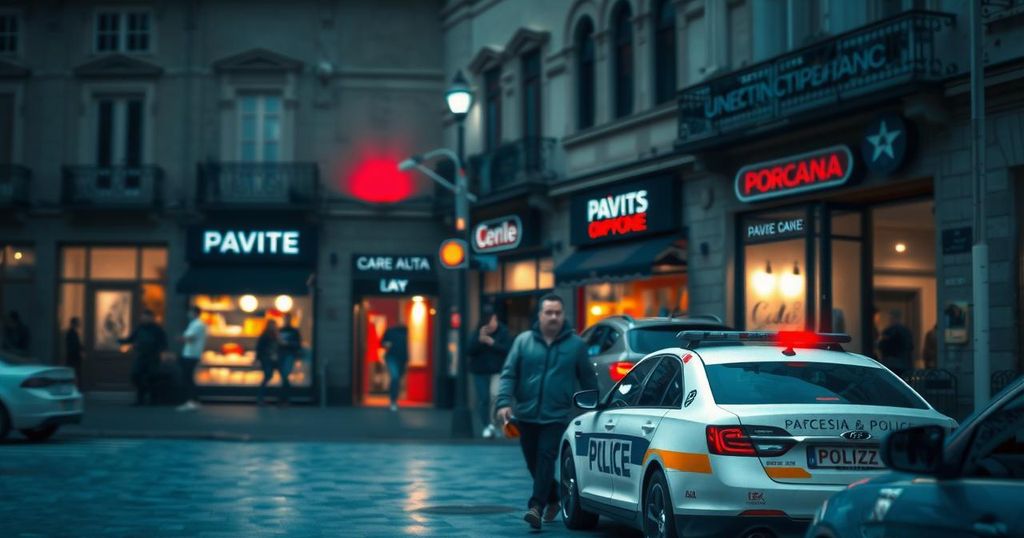 Mandeville plaza with blurred storefronts and a police car in the foreground, depicting a tense scene.