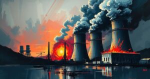 Abstract representation of nuclear facilities with dark colors and sharp angles, illustrating destruction and conflict themes.