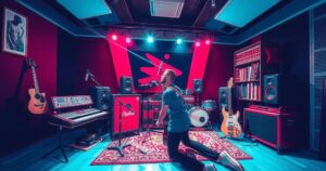 A vibrant music studio showcasing sound equipment, bright colors, and energetic vibes, reflecting a dynamic creative atmosphere.