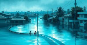 A flooded urban landscape in Kinshasa with submerged homes and roads amid heavy rainfall, showcasing climate impact.