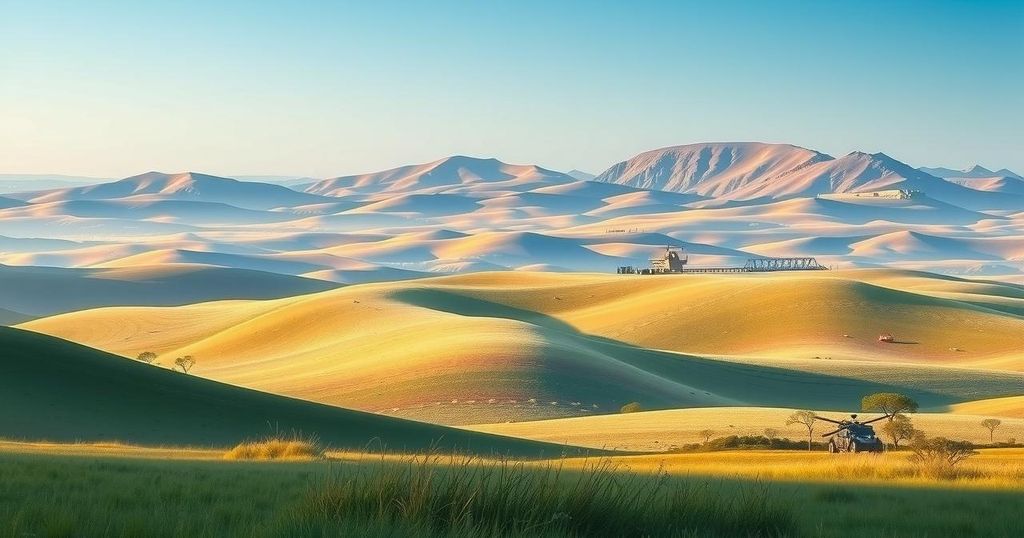 A serene landscape of Kenyan countryside with distant military barracks under a clear blue sky, symbolizing peace.