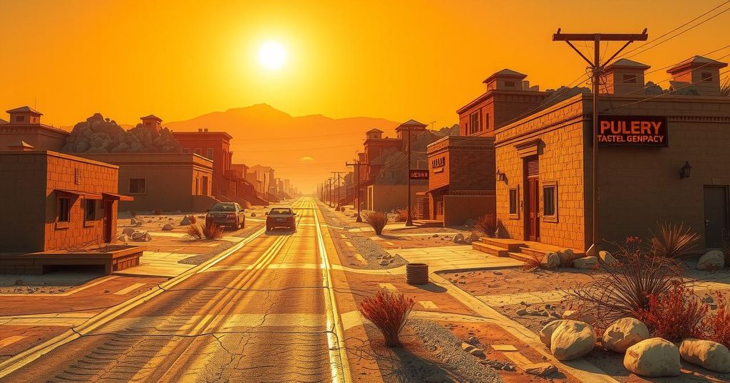Heatwave scene with desolate streets, parched landscapes, and wilted vegetation under a blazing sun in Pakistan.